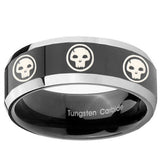 10mm Multiple Skull Beveled Edges Glossy Black 2 Tone Tungsten Engagement Ring