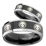 His Hers Multiple Skull Beveled Glossy Black 2 Tone Tungsten Engraving Ring Set