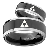 His Hers Zelda Triforce Beveled Glossy Black 2 Tone Tungsten Mens Ring Set