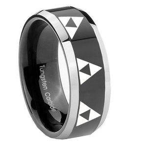 8mm Multiple Zelda Triforce Beveled Glossy Black 2 Tone Tungsten Mens Bands Ring