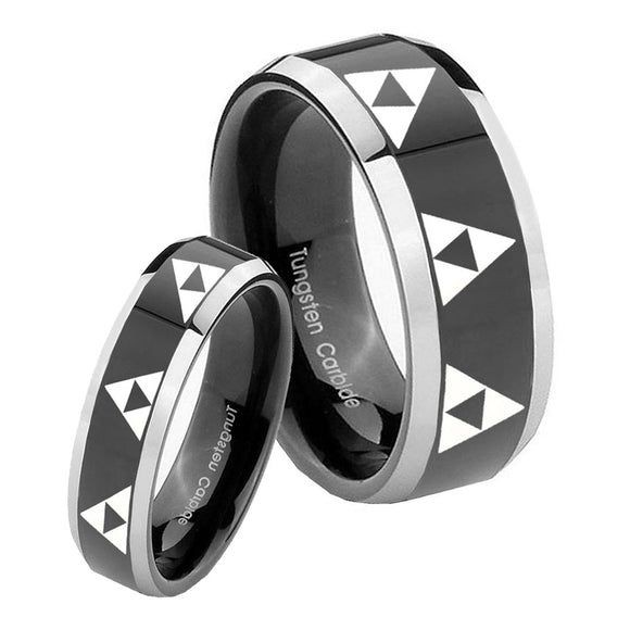 His Hers Multiple Zelda Triforce Beveled Glossy Black 2 Tone Tungsten Men Ring Set
