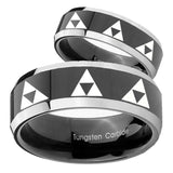 His Hers Multiple Zelda Triforce Beveled Glossy Black 2 Tone Tungsten Men Ring Set