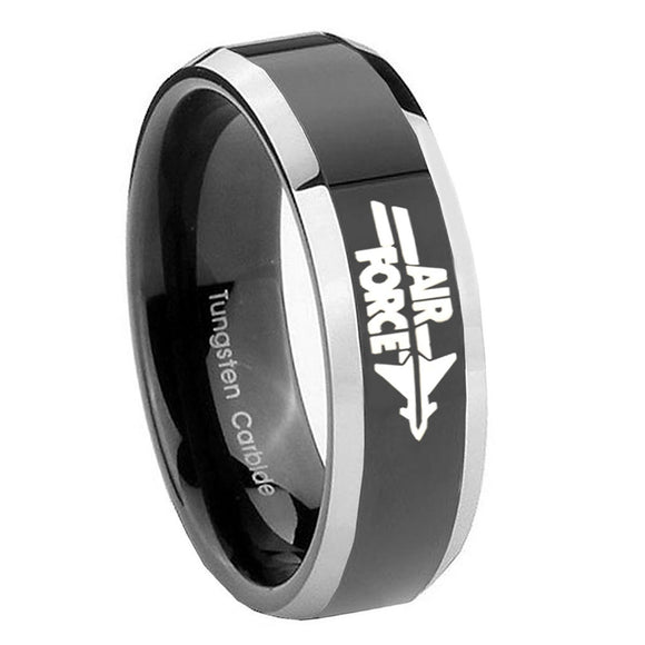 10MM Beveled Two Tone Air Force Shiny Black Middle Tungsten Men's Ring