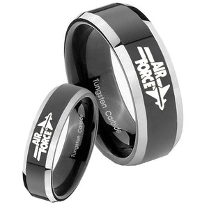 His Hers Shiny Black Bevel Air Force 2 Tone Tungsten Wedding Rings Set