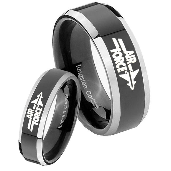 His Hers Shiny Black Bevel Air Force 2 Tone Tungsten Wedding Rings Set