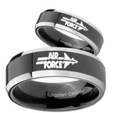 His Hers Shiny Black Bevel Air Force 2 Tone Tungsten Wedding Rings Set