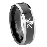 8mm Skull Pirate Beveled Glossy Black 2 Tone Tungsten Mens Ring Personalized