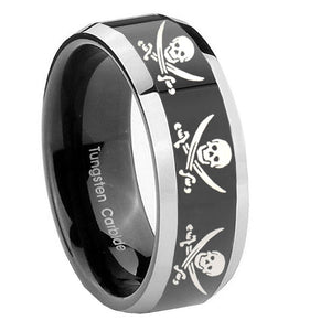 10mm Multiple Skull Pirate Beveled Glossy Black 2 Tone Tungsten Engraved Ring