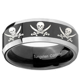 10mm Multiple Skull Pirate Beveled Glossy Black 2 Tone Tungsten Engraved Ring