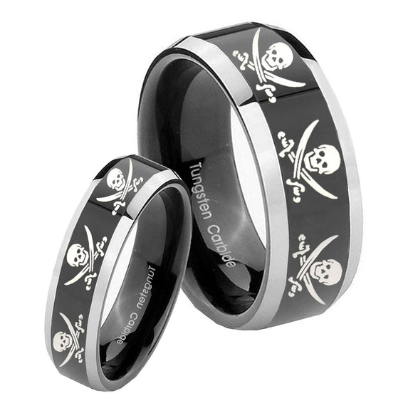 His Hers Multiple Skull Pirate Beveled Glossy Black 2 Tone Tungsten Ring Set