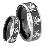 8mm Multiple Skull Pirate Beveled Glossy Black 2 Tone Tungsten Men's Bands Ring