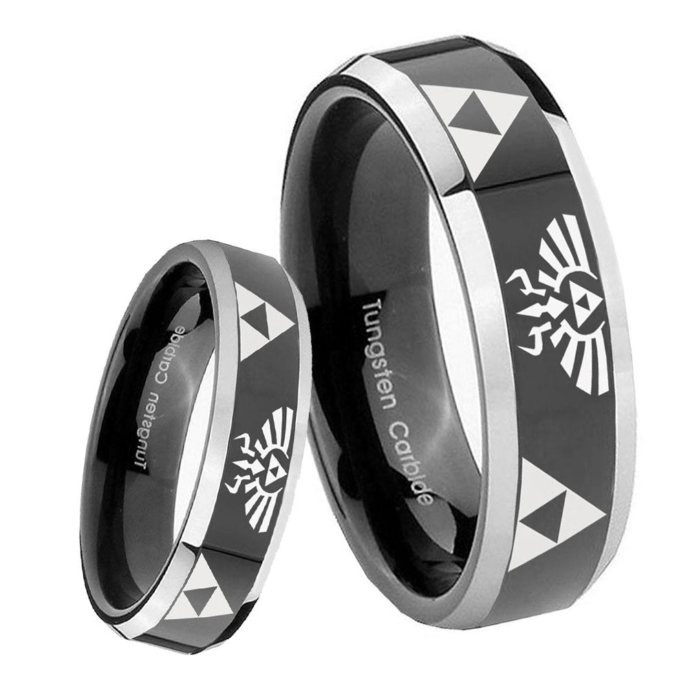 8mm Legend of Zelda Beveled Glossy Black 2 Tone Tungsten Wedding Engagement Ring