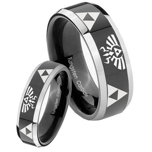 His Hers Legend of Zelda Beveled Glossy Black 2 Tone Tungsten Men's Ring Set