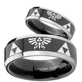 His Hers Legend of Zelda Beveled Glossy Black 2 Tone Tungsten Men's Ring Set