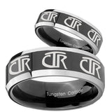 His Hers Multiple CTR Beveled Glossy Black 2 Tone Tungsten Men's Ring Set