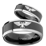 His Hers Aquila Beveled Edges Glossy Black 2 Tone Tungsten Mens Promise Ring Set