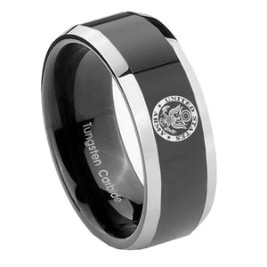 8mm U.S. Army Beveled Edges Glossy Black 2 Tone Tungsten Men's Ring