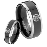 His Hers U.S. Army Beveled Glossy Black 2 Tone Tungsten Engraving Ring Set