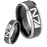 His Hers N7 Design Beveled Glossy Black 2 Tone Tungsten Engraving Ring Set