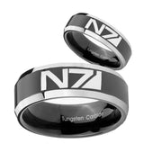 His Hers N7 Design Beveled Glossy Black 2 Tone Tungsten Engraving Ring Set