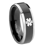 10mm Medical Alert Beveled Edges Glossy Black 2 Tone Tungsten Anniversary Ring