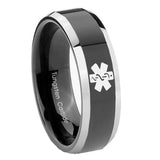 8mm Medical Alert Beveled Glossy Black 2 Tone Tungsten Men's Engagement Ring