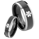 His Hers Medical Alert Beveled Glossy Black 2 Tone Tungsten Men Rings Set