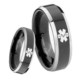 8mm Medical Alert Beveled Glossy Black 2 Tone Tungsten Men's Engagement Ring