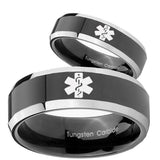 His Hers Medical Alert Beveled Glossy Black 2 Tone Tungsten Men Rings Set