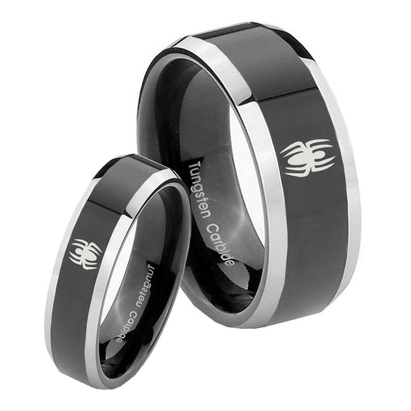 His Hers Spiderman Beveled Edges Glossy Black 2 Tone Tungsten Bands Ring Set