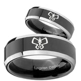 His Hers Monarch Beveled Edges Glossy Black 2 Tone Tungsten Men's Ring Set