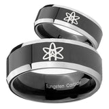 His Hers American Atheist Beveled Glossy Black 2 Tone Tungsten Custom Mens Ring Set
