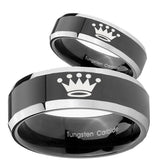 His Hers Crown Beveled Edges Glossy Black 2 Tone Tungsten Men's Wedding Band Set