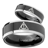 His Hers Deathly Hallows Beveled Glossy Black 2 Tone Tungsten Men Ring Set