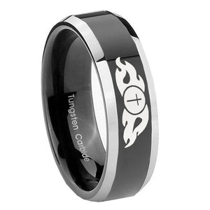 10mm Flamed Cross Beveled Edges Glossy Black 2 Tone Tungsten Men's Bands Ring