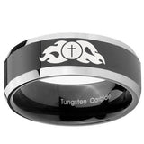 10mm Flamed Cross Beveled Edges Glossy Black 2 Tone Tungsten Men's Bands Ring