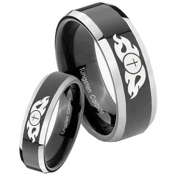 His Hers Flamed Cross Beveled Glossy Black 2 Tone Tungsten Personalized Ring Set