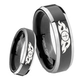 8mm Flamed Cross Beveled Edges Glossy Black 2 Tone Tungsten Mens Wedding Ring