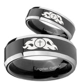 His Hers Flamed Cross Beveled Glossy Black 2 Tone Tungsten Personalized Ring Set