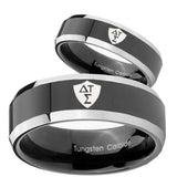 His Hers Greek CTR Beveled Edges Glossy Black 2 Tone Tungsten Rings for Men Set