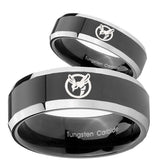 His Hers Honey Bee Beveled Glossy Black 2 Tone Tungsten Wedding Band Mens Set