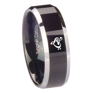 8mm Music & Heart Beveled Edges Glossy Black 2 Tone Tungsten Mens Wedding Band