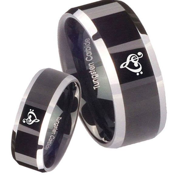 His Hers Music & Heart Beveled Glossy Black 2 Tone Tungsten Custom Ring Set