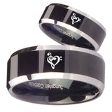 His Hers Music & Heart Beveled Glossy Black 2 Tone Tungsten Custom Ring Set