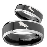 His Hers Horse Beveled Edges Glossy Black 2 Tone Tungsten Wedding Band Ring Set