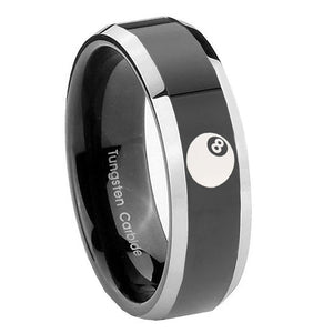 10mm 8 Ball Beveled Edges Glossy Black 2 Tone Tungsten Men's Promise Rings