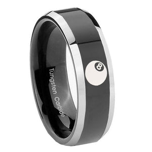 8mm 8 Ball Beveled Edges Glossy Black 2 Tone Tungsten Carbide Wedding Band Ring