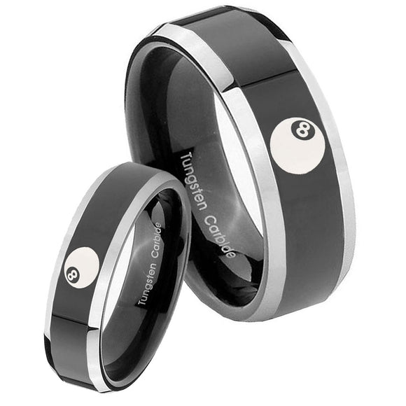 His Hers 8 Ball Beveled Glossy Black 2 Tone Tungsten Wedding Engagement Ring Set