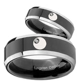 His Hers 8 Ball Beveled Glossy Black 2 Tone Tungsten Wedding Engagement Ring Set