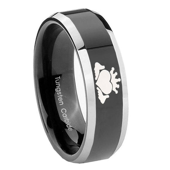 8mm Claddagh Design Beveled Glossy Black 2 Tone Tungsten Wedding Bands Ring